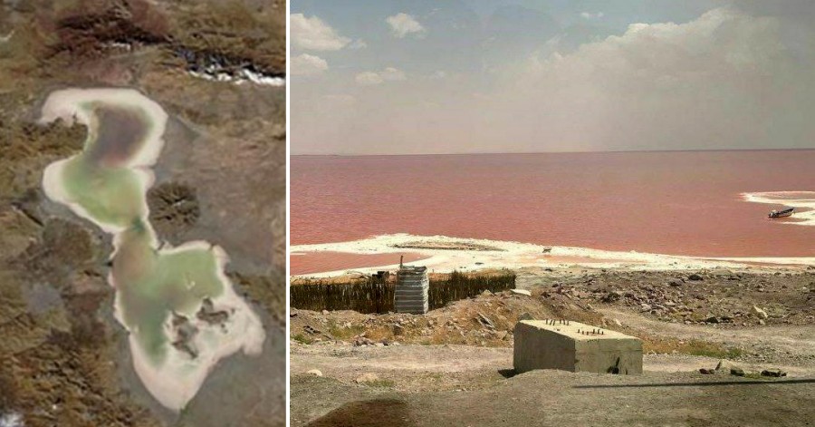 خشک شدن کامل جنوب دریاچه ارومیه تا پایان تابستان / رنگ آب دریاچه قرمز شد