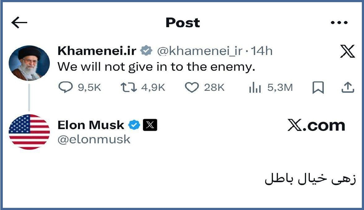 پاسخ ایلان ماسک به نوشته خامنه‌ای درباره تسلیم‌نشدن: «زهی خیال باطل»