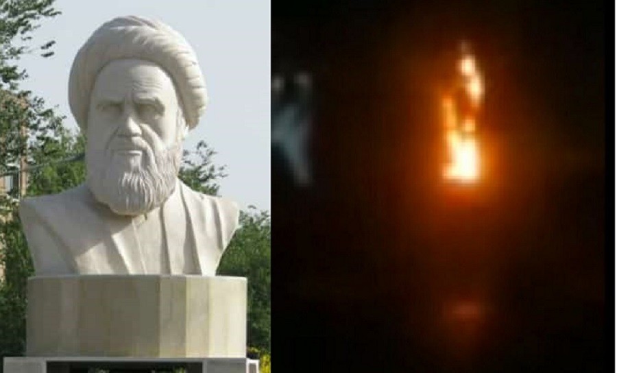 İranın Qum şəhərində Xomeyninin heykəli yandırılıb-VİDEO